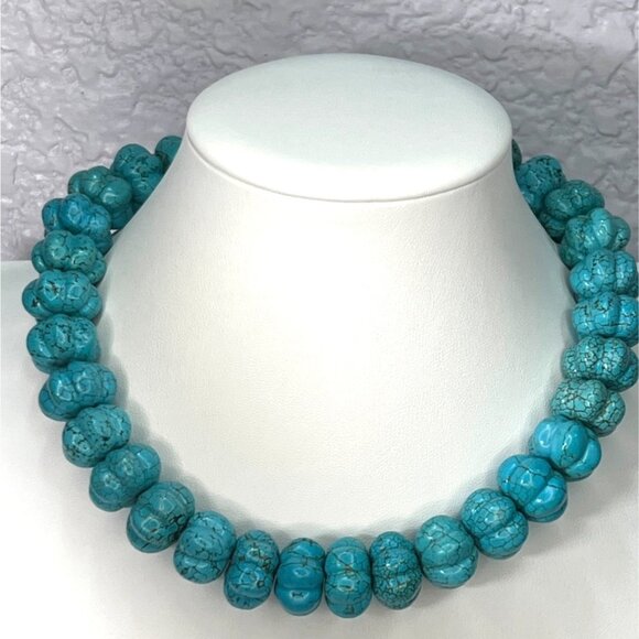 Artisan Jewelry - Carved Turquoise Melon Bead Necklace 17.5mm Sterling Silver Toggle Clasp 17" 197